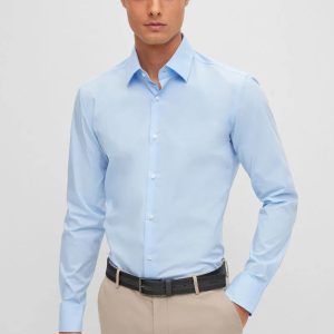 Camisa De Ajuste Slim Em Popelina De Algodão Elástico