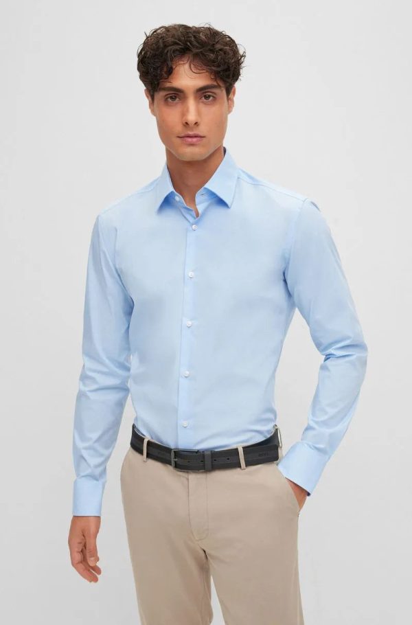 Camisa De Ajuste Slim Em Popelina De Algodão Elástico