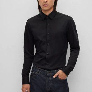 Camisa De Ajuste Slim Em Jérsei De Algodão Elástico De Alto Desempenho