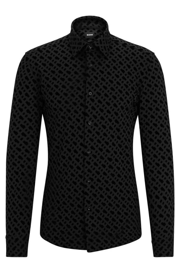 Camisa Preta Slim Fit Com Monogramas Estampados - Imagem 3