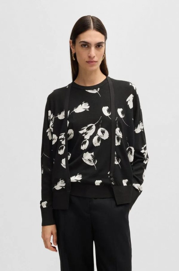 Cardigan Em Lã Merino Com Jacquard De Tulipa