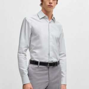 Camisa Slim Em Sarja De Algodão Às Riscas