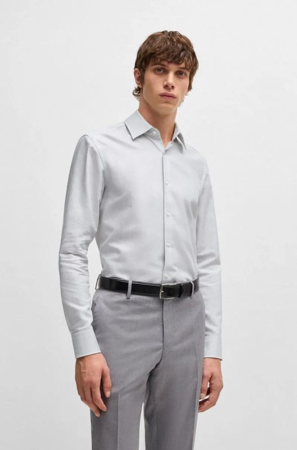 Camisa Slim Em Sarja De Algodão Às Riscas